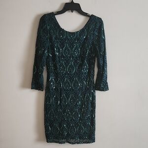Decode Womens Elegant Green Sequin Beaded Dress, Long Sleeve, New Years Cocktail